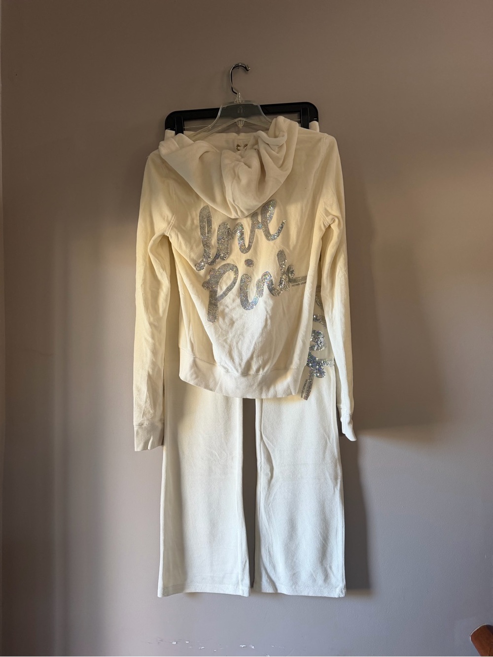 PINK Victoria's Secret Cream Hoodie & Jogger Set with Silver Sequins Script